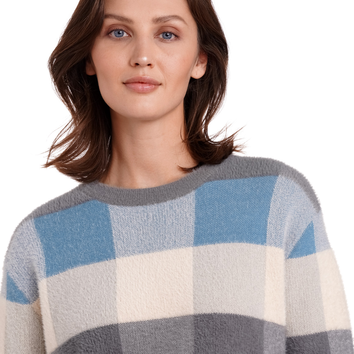 Gina Damen Strickpullover mit Karo-Muster grau / cremeweiss / blau