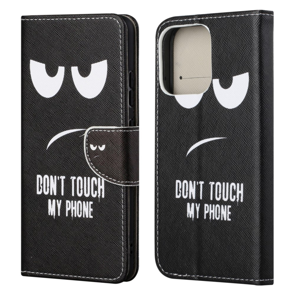 iPhone 13 Leder Tasche mit Kartenfach Don't Touch My Phone - Schwarz
