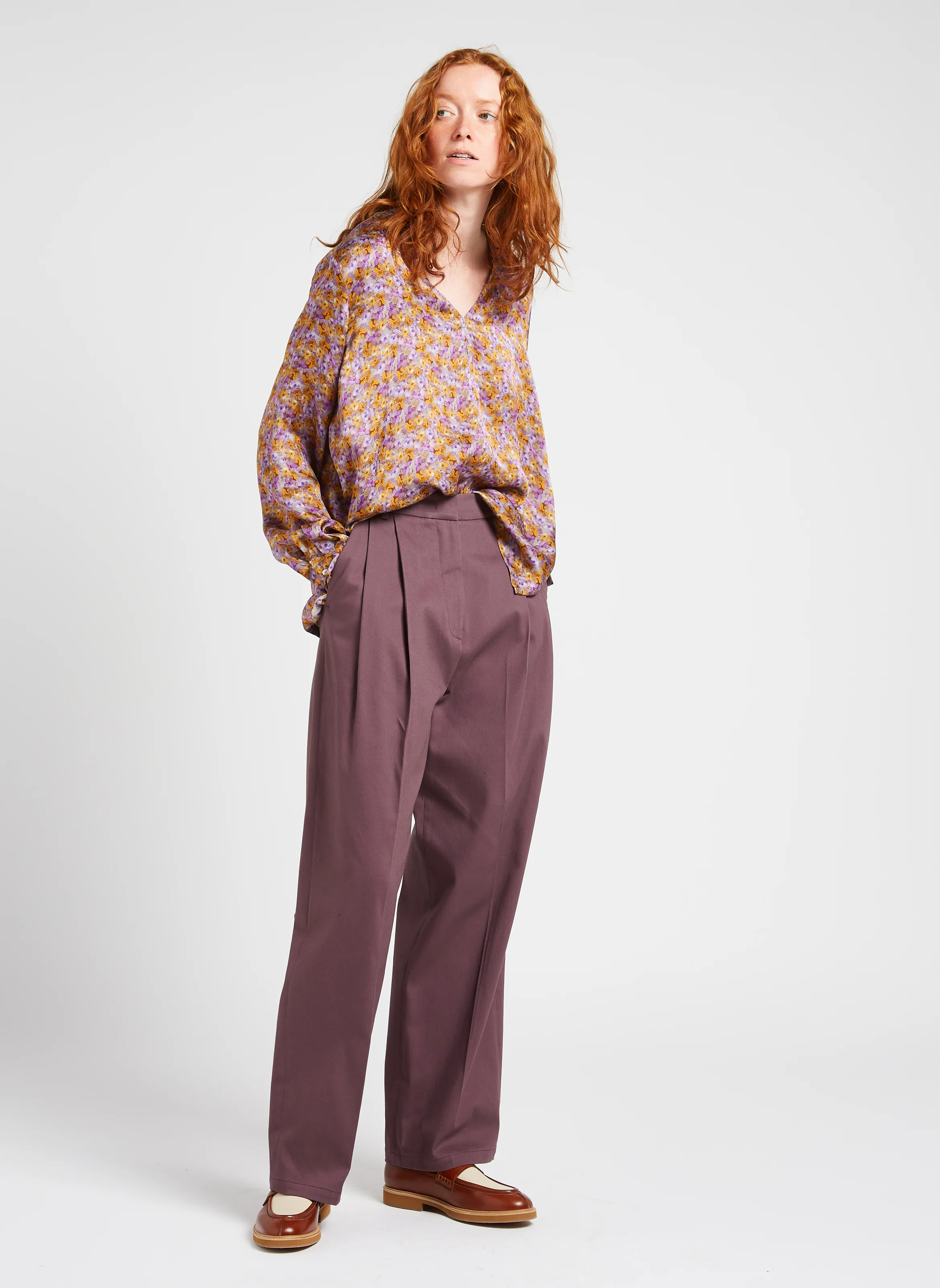 ERICA - Pantalon large taille haute en coton mélangé | Violet