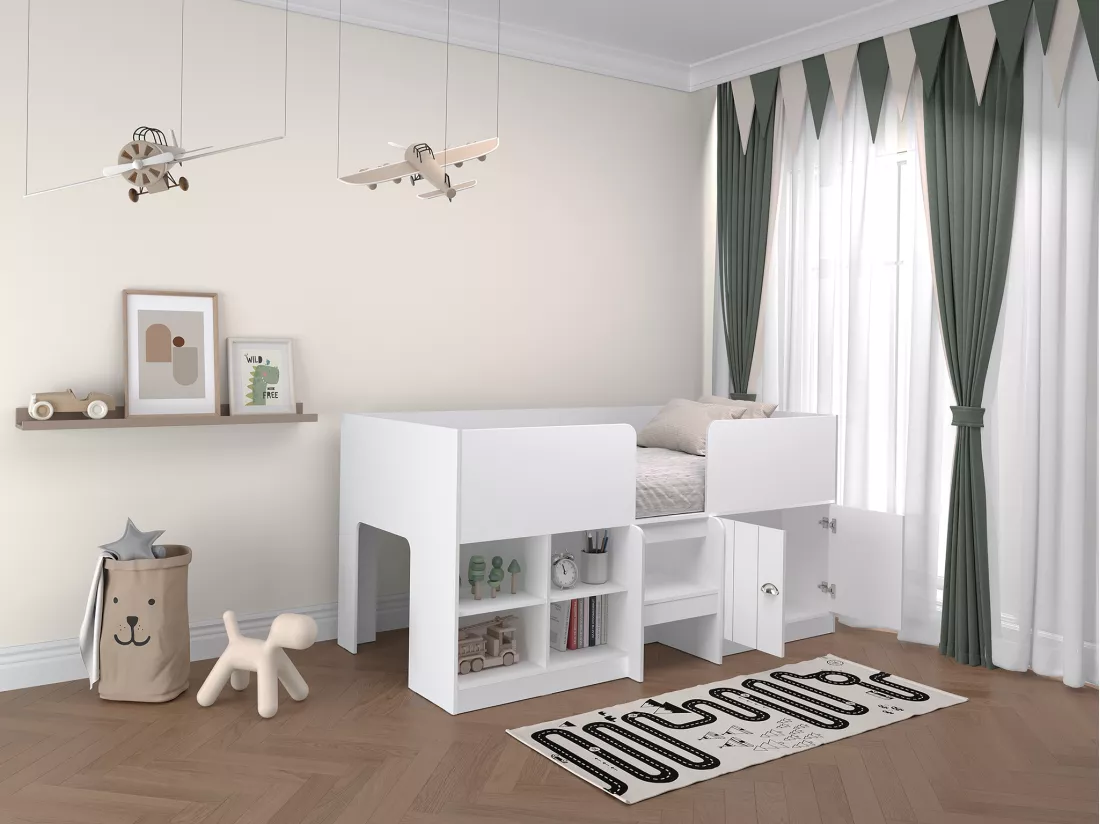 Lit mi-hauteur 90 x 190 cm avec rangements - Coloris : Blanc + Matelas - BOUTANIO