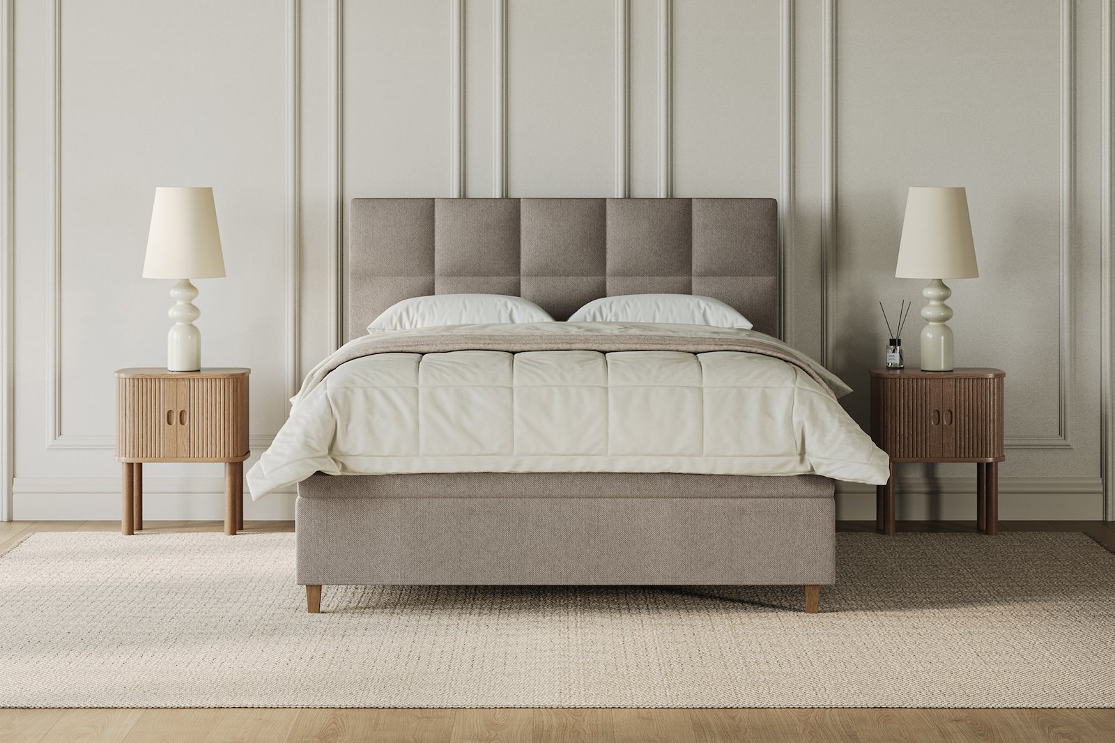 XOV Venus Kontinentalseng 140x200 cm i tekstil storm 09 beige, fast/fast med Premium 15 overmadrass og sort firkantede ben, gavl selges separate