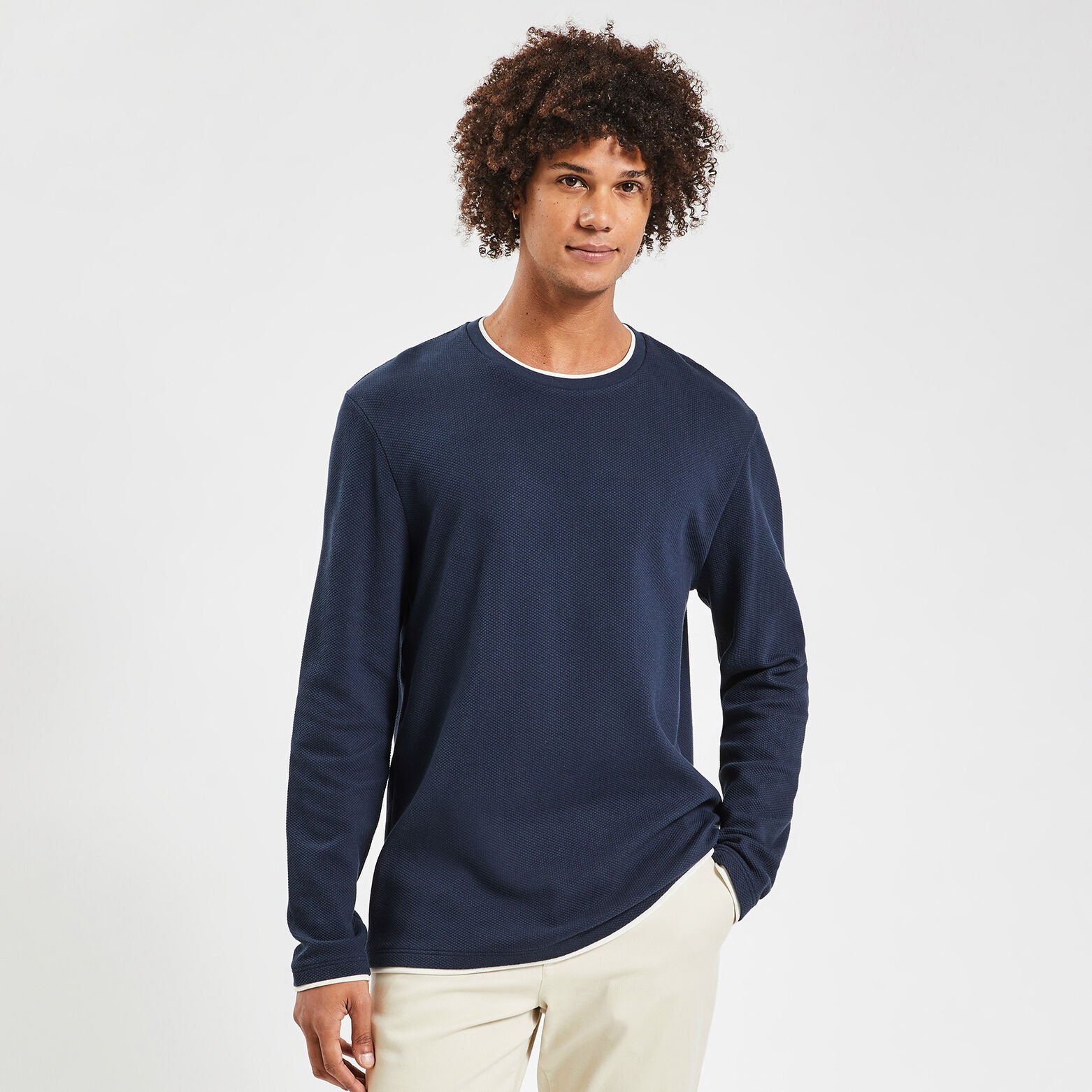Tee shirt double col matière fantaisie Bleu foncé