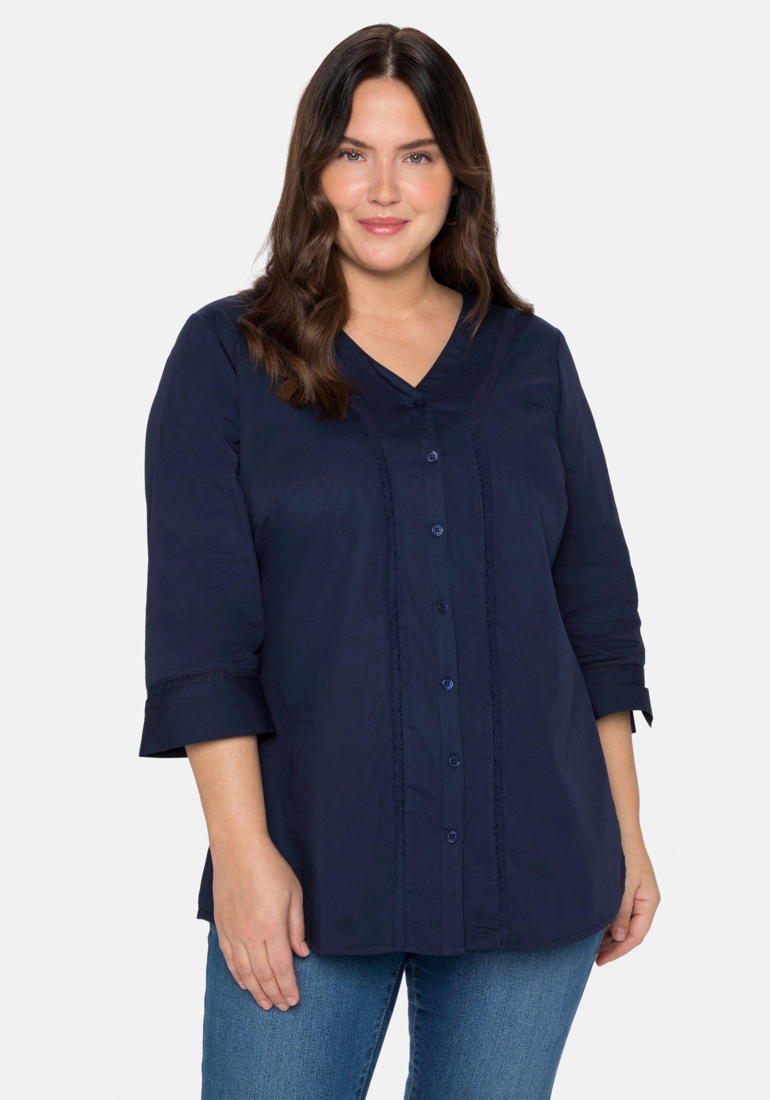 Bluse mit 3/4-Arm, V-Ausschnitt und Spitze