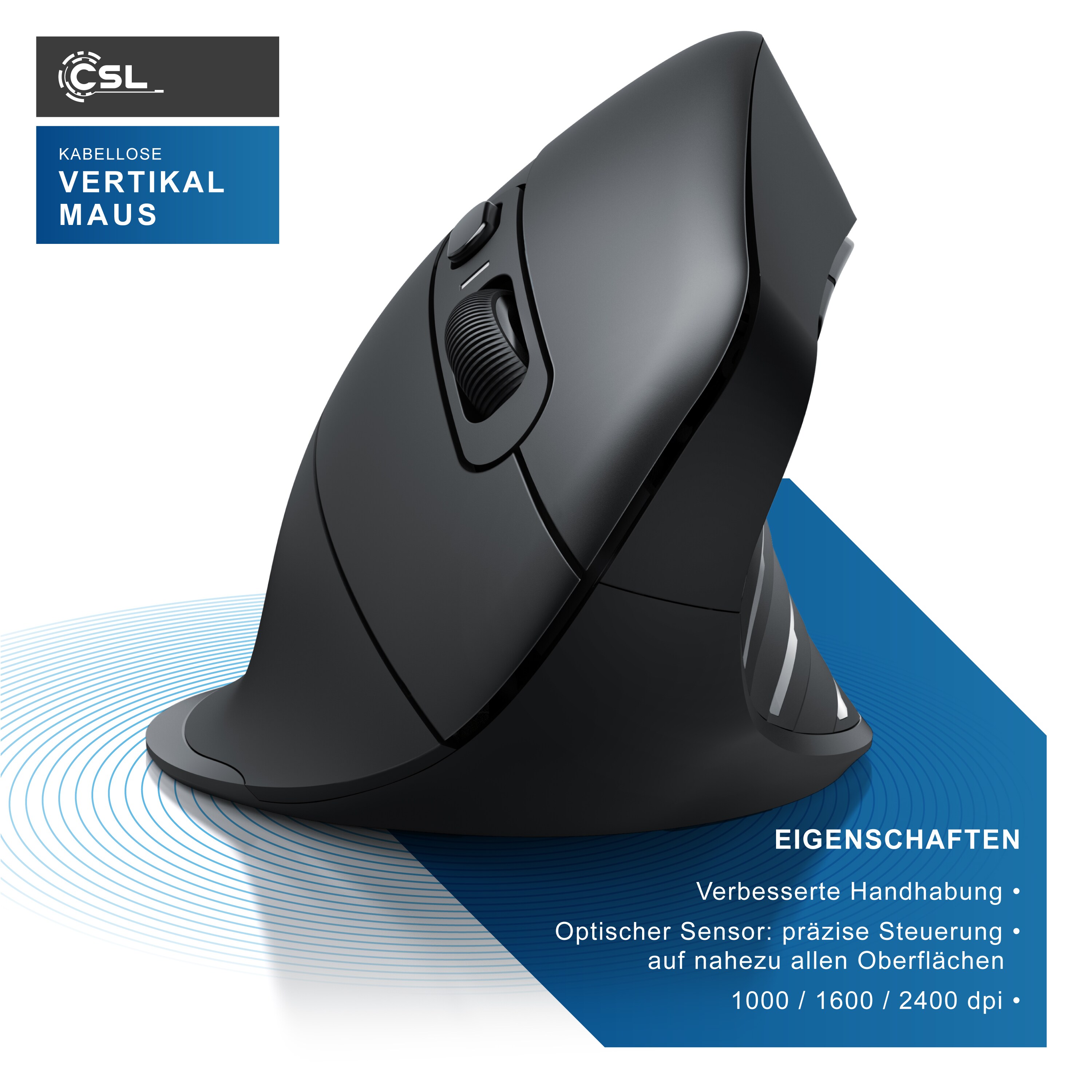 CSL ergonomische Maus, Funk, Vertikal, optisch, kabellos, 2,4Ghz & Bluetooth, Armschonend, 2400 dpi