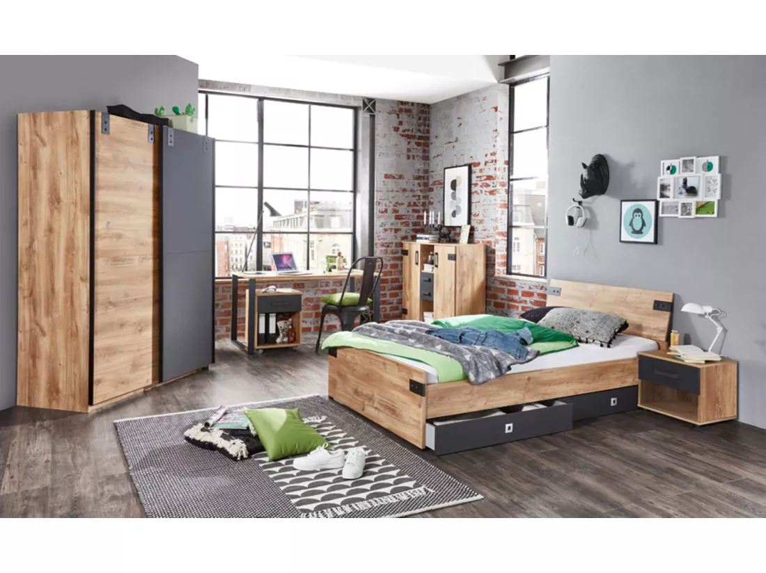 Ensemble chambre enfant/ado complète Imitation chêne poutre, rechampis graphite - 90 x 200cm