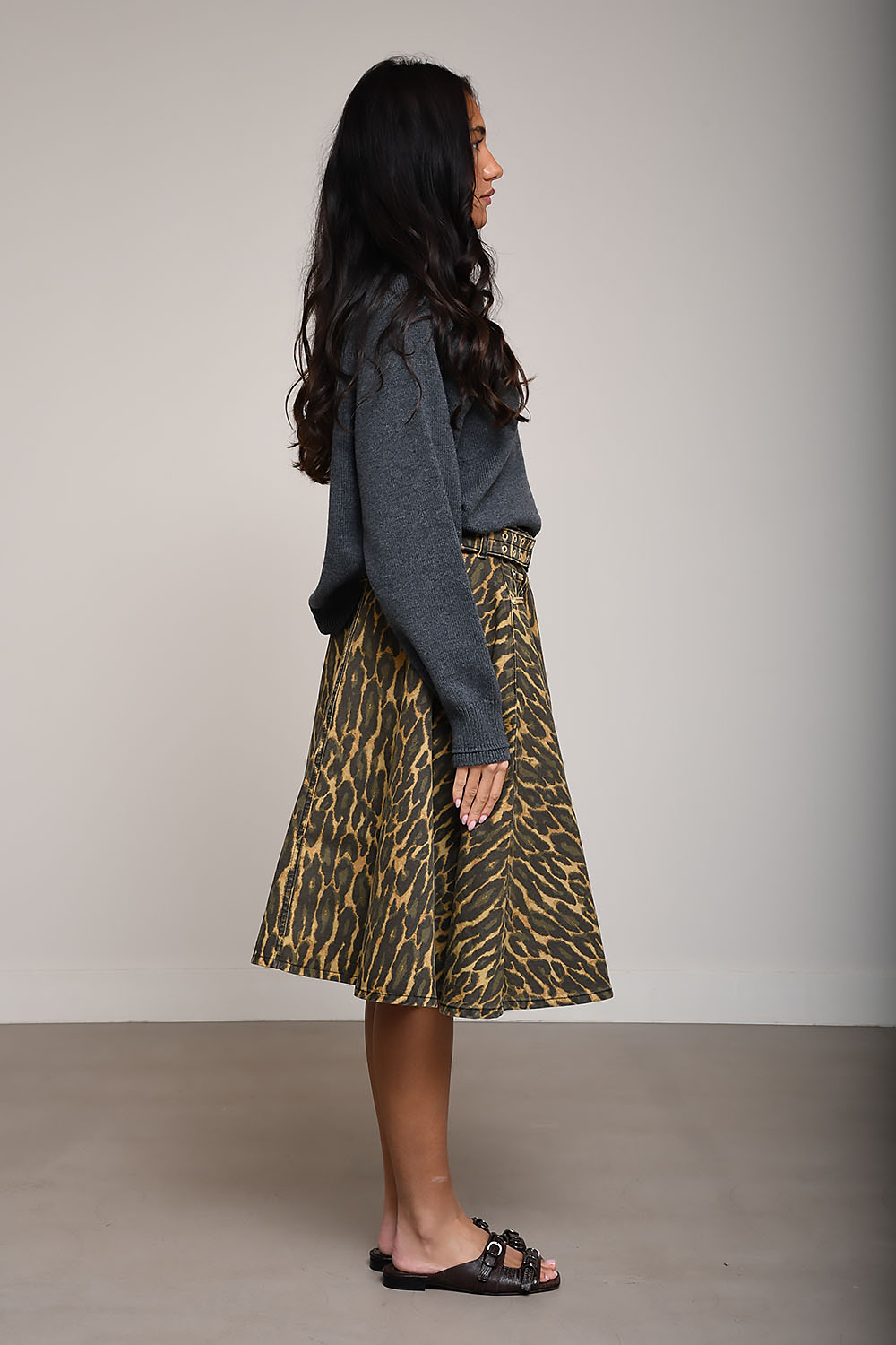 Leopard denim wrap midi skirt