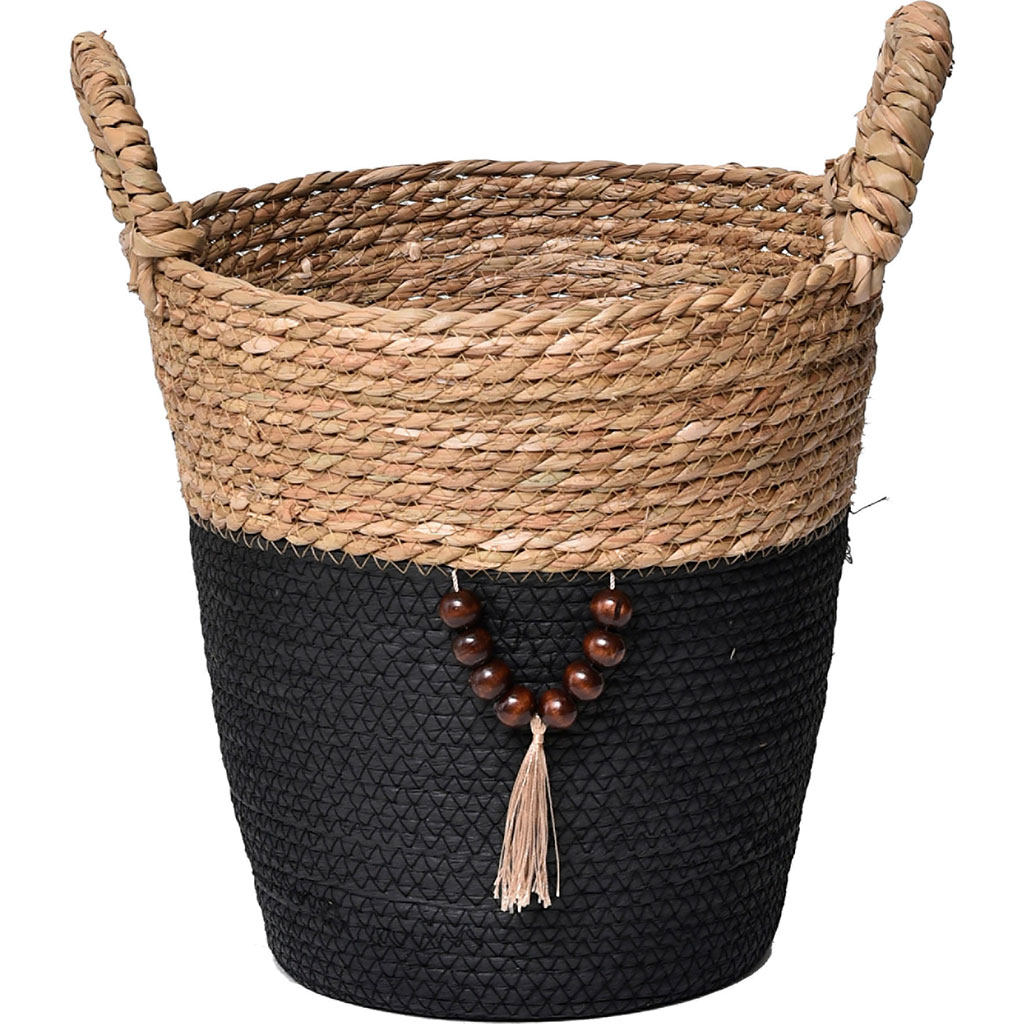 Panière à linge ronde matière végétale noir D 30x31cm