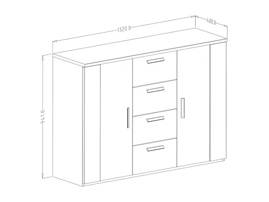 Commode design 2 portes et 4 tiroirs – 130 cm – Chêne foncé et noir – Collection FOX