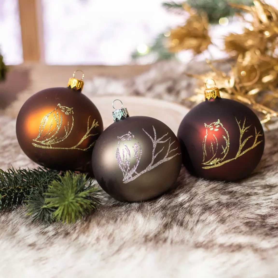 Lot de 6 boules de Noël en verre (D80 mm) Hibou Marron et Vert mousse