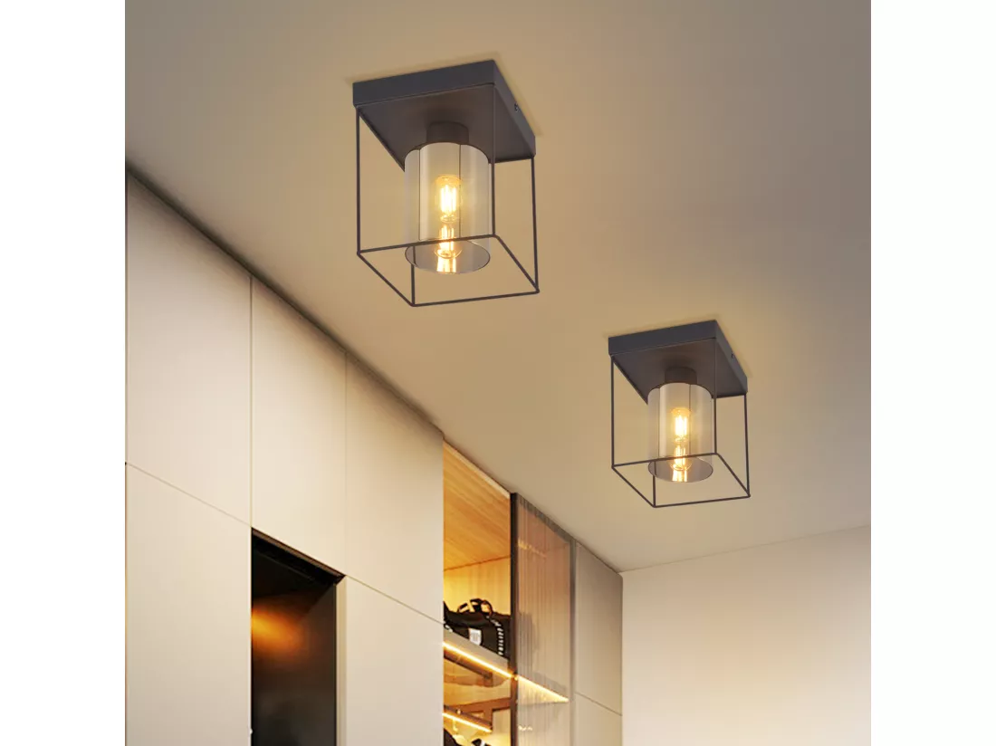 NETTLIFE Plafonnier couloir plafonnier verre 1 ampoule E27 vintage avec métal noir style industriel rétro