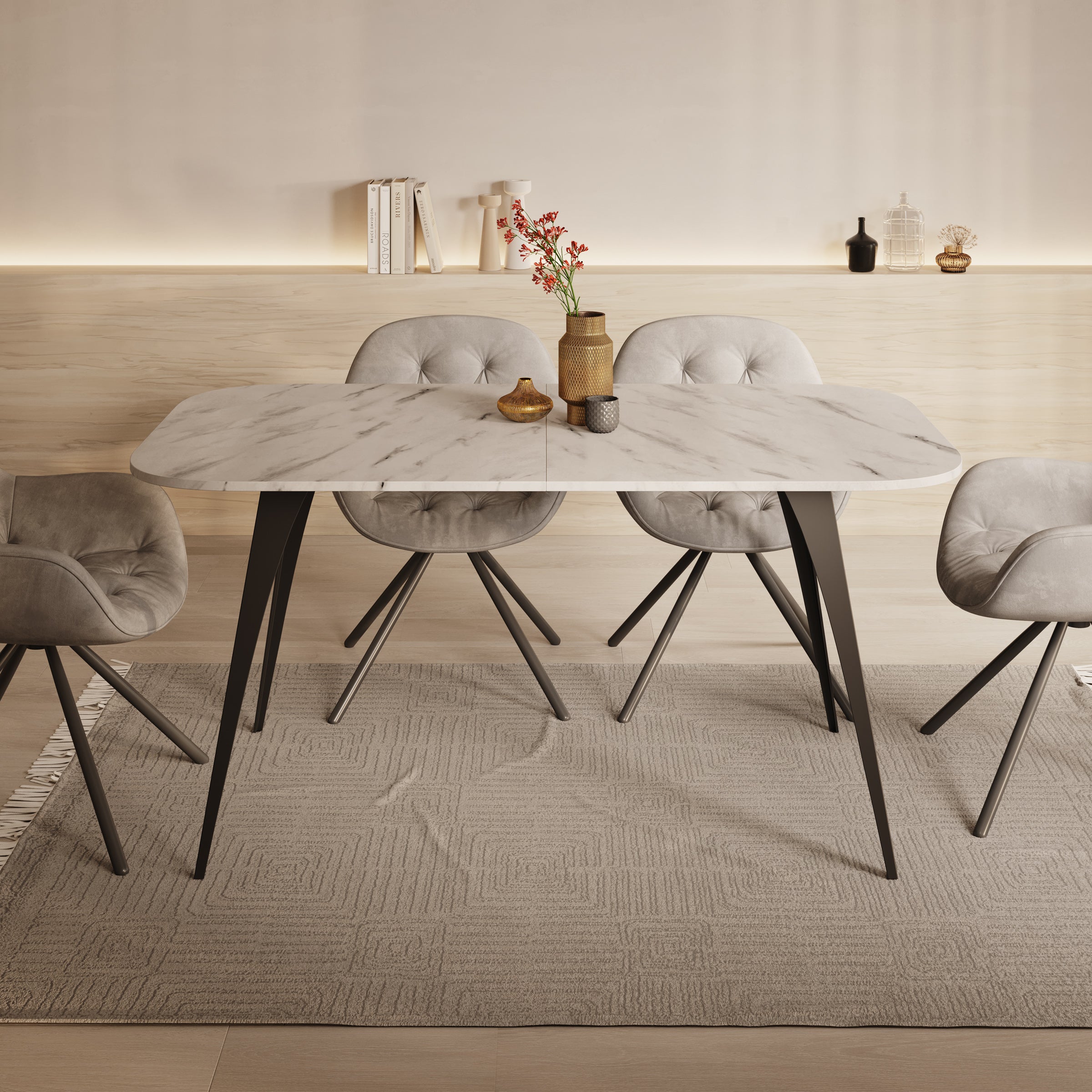 Flix - Eetkamertafel - Wit marmerlook - Uitschuifbaar - 160x90x76 cm