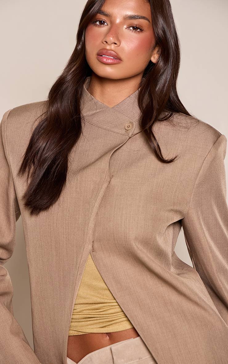 Noir Blazer Ajusté Beige Foncé Col Montant À Boutonnage Asymétrique