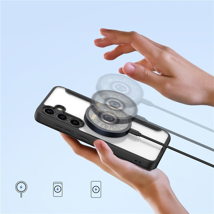 Samsung Galaxy S24 Hybrid Leder Tasche   Kunststoff Rückseite MagSafe-Modul - Schwarz / Transparent