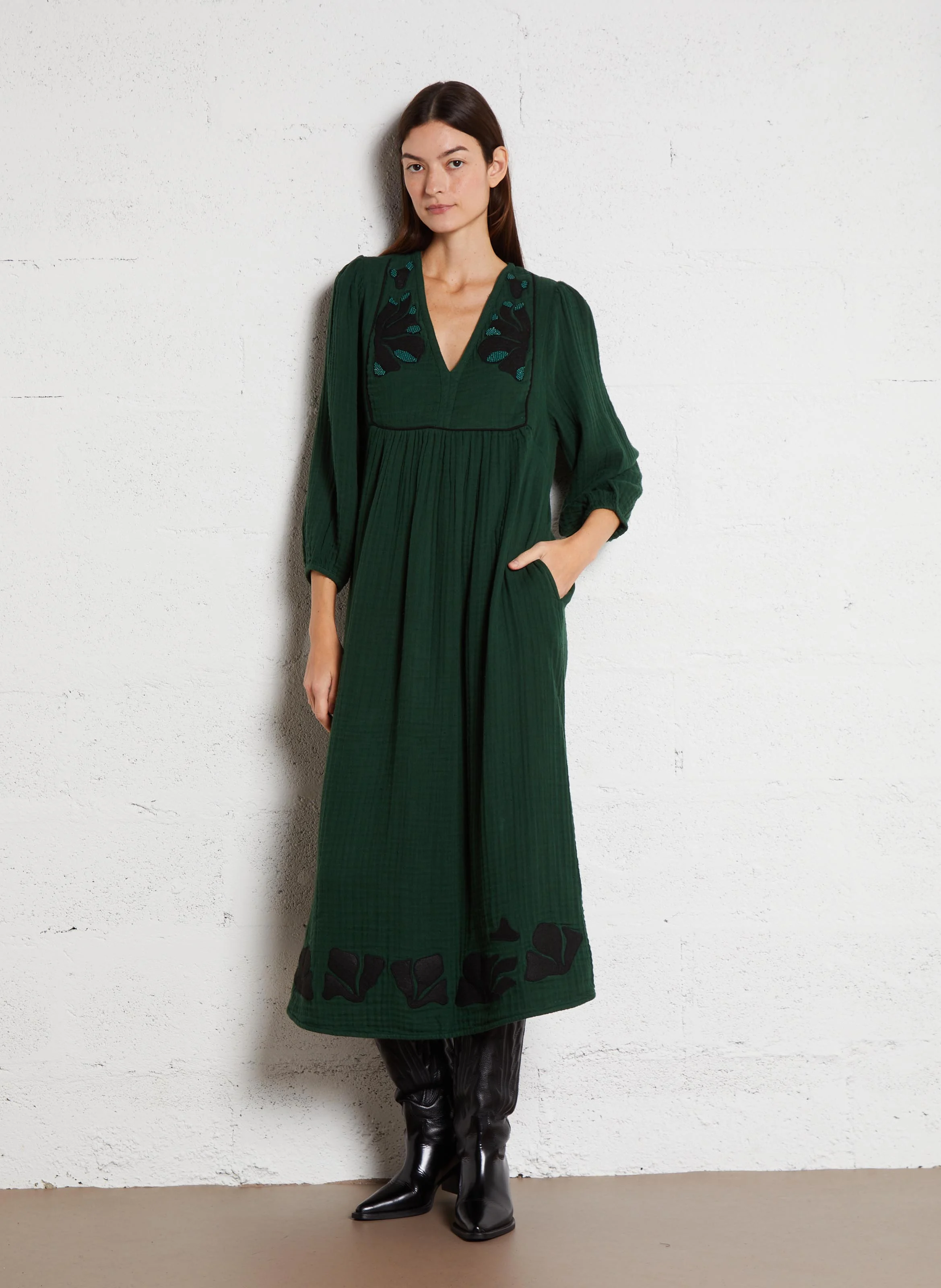 ROMAINE - Robe longue col V en coton | Vert