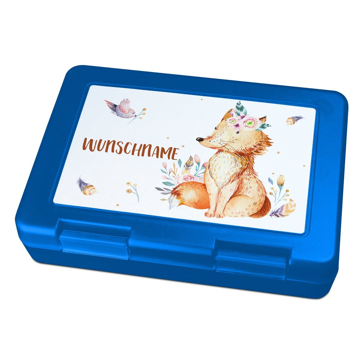 Brotdose mit Namen, blau (Motiv: Fuchs)