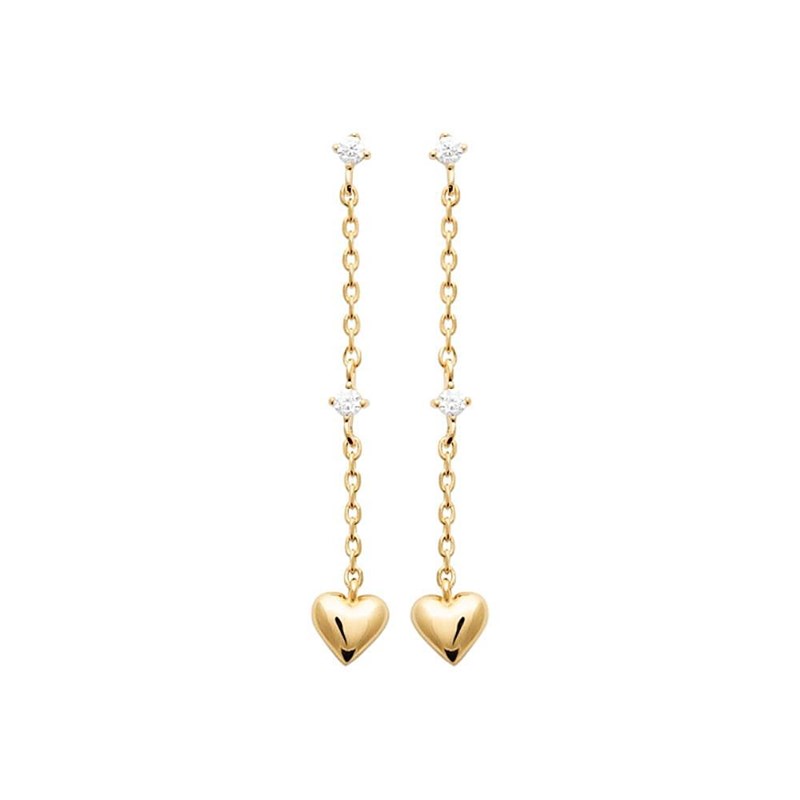 Boucles d'oreilles coeur oxyde de zirconium chaine pendante Plaqué OR 750 3 microns