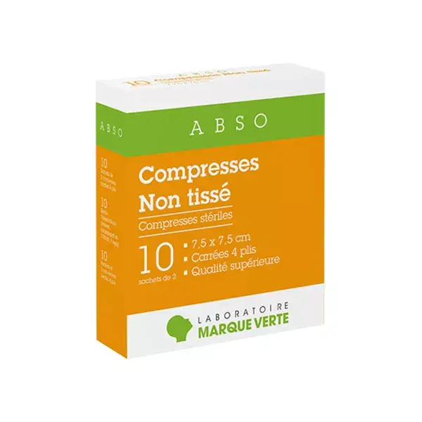 Marque Verte Compresses Stériles en Non Tissé 7,5cm x 7,5cm 10 x 2 compresses