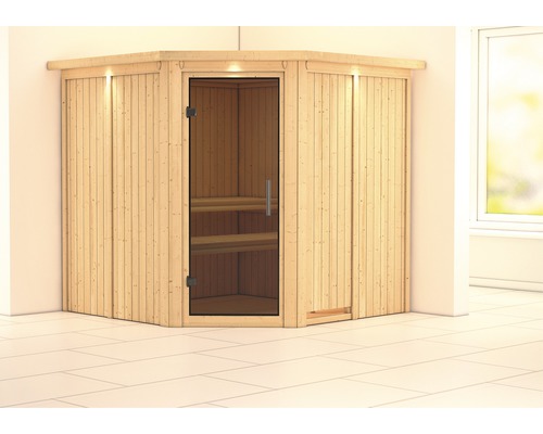 Karibu Piemon modulaire sauna zonder oven, met dakkroon en grafietkleurige volledig glazen deur