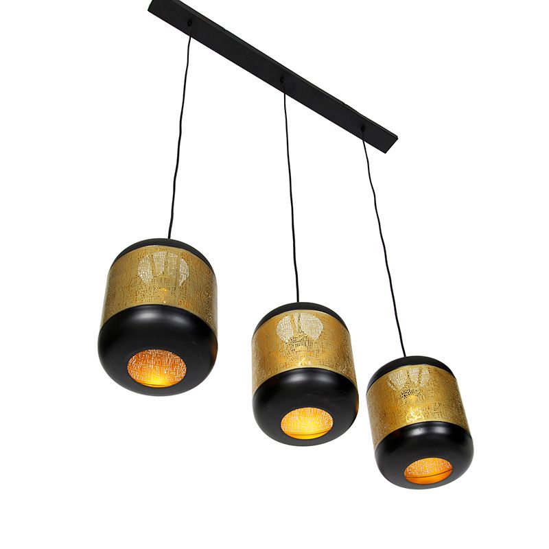 Vintage hanglamp zwart met messing langwerpig 3-lichts - Kayleigh