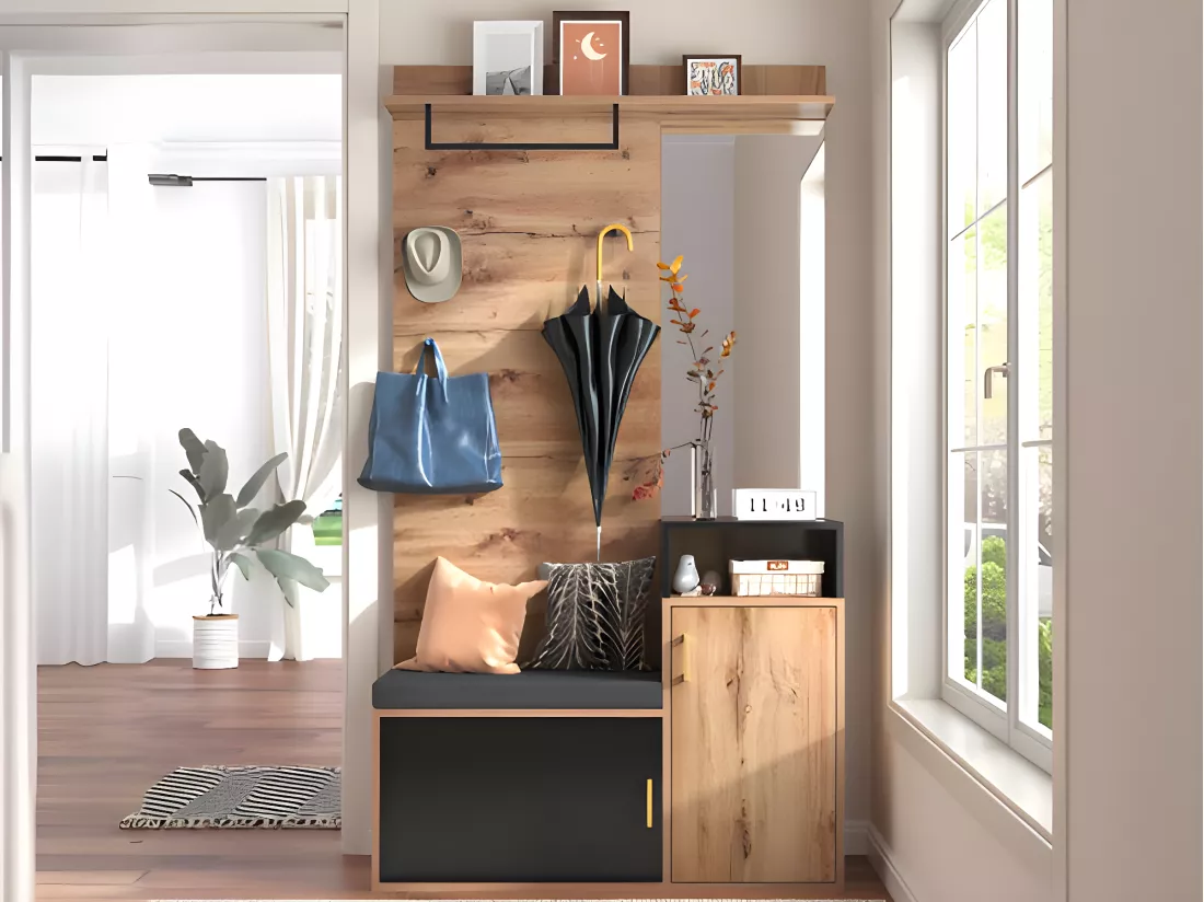 Vestiaire d'entrée avec miroir et meuble à chaussures - Hauteur 190cm - naturel & noir