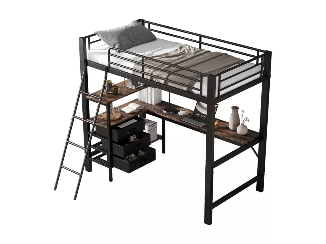 Lit mezzanine 90x200cm - avec 3 tiroirs - avec table de 2m de long - échelle inclinée quatre marches - fer + panneaux de particules - noir (sans matelas)