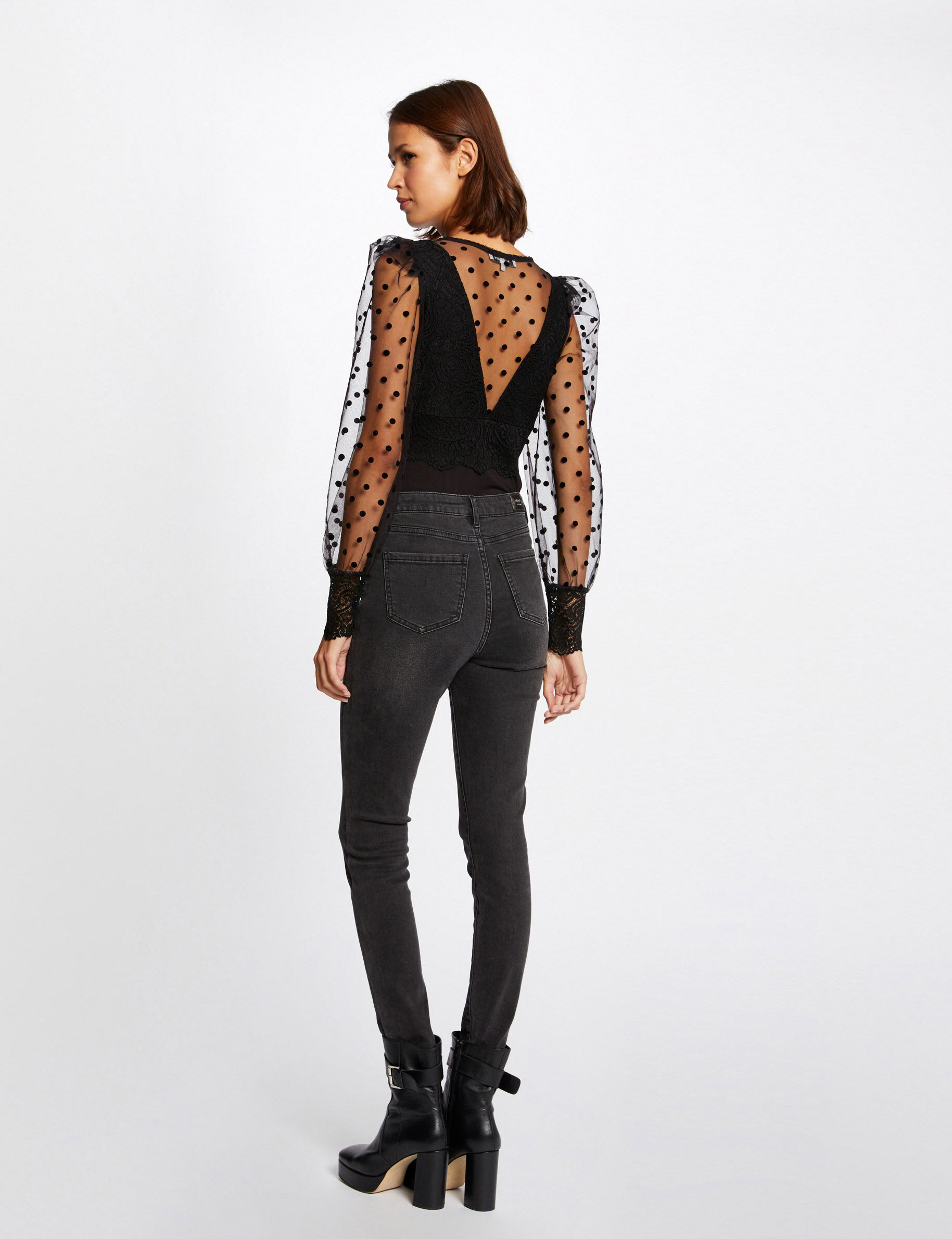 Body manches longues à dentelle noir femme - noir