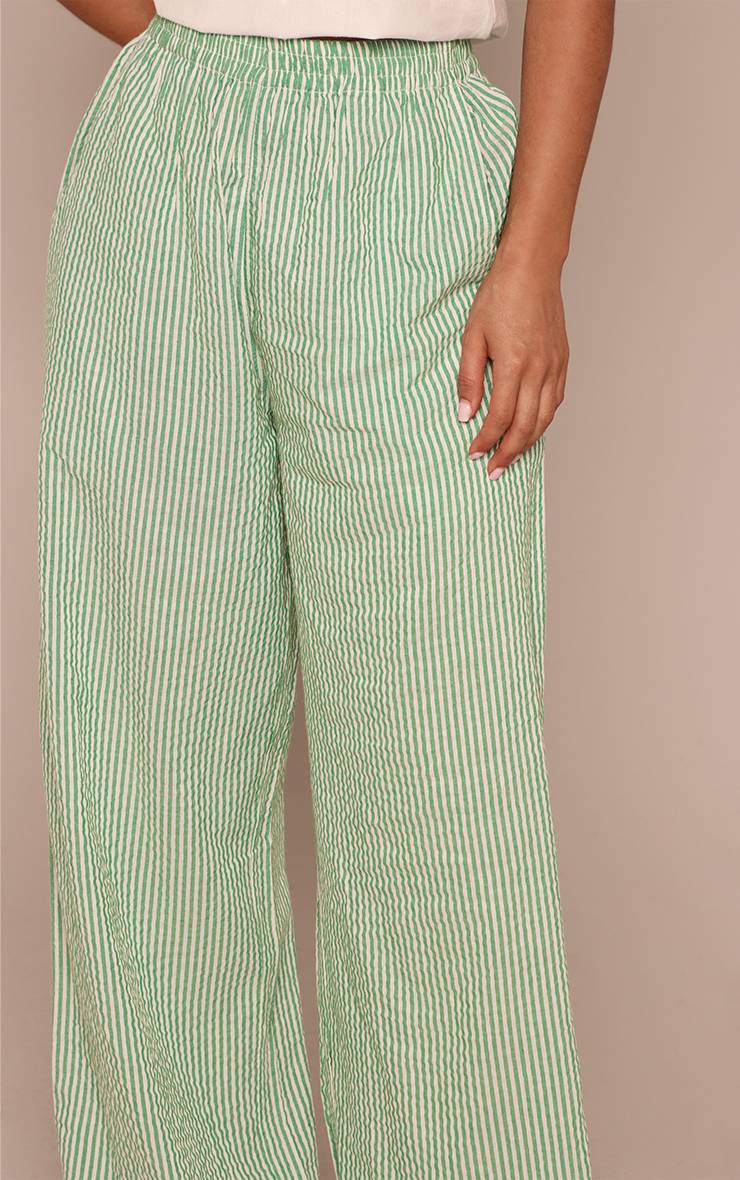 Vert Pantalon Petite À Rayures Aspect Lin Taille Élastiquée
