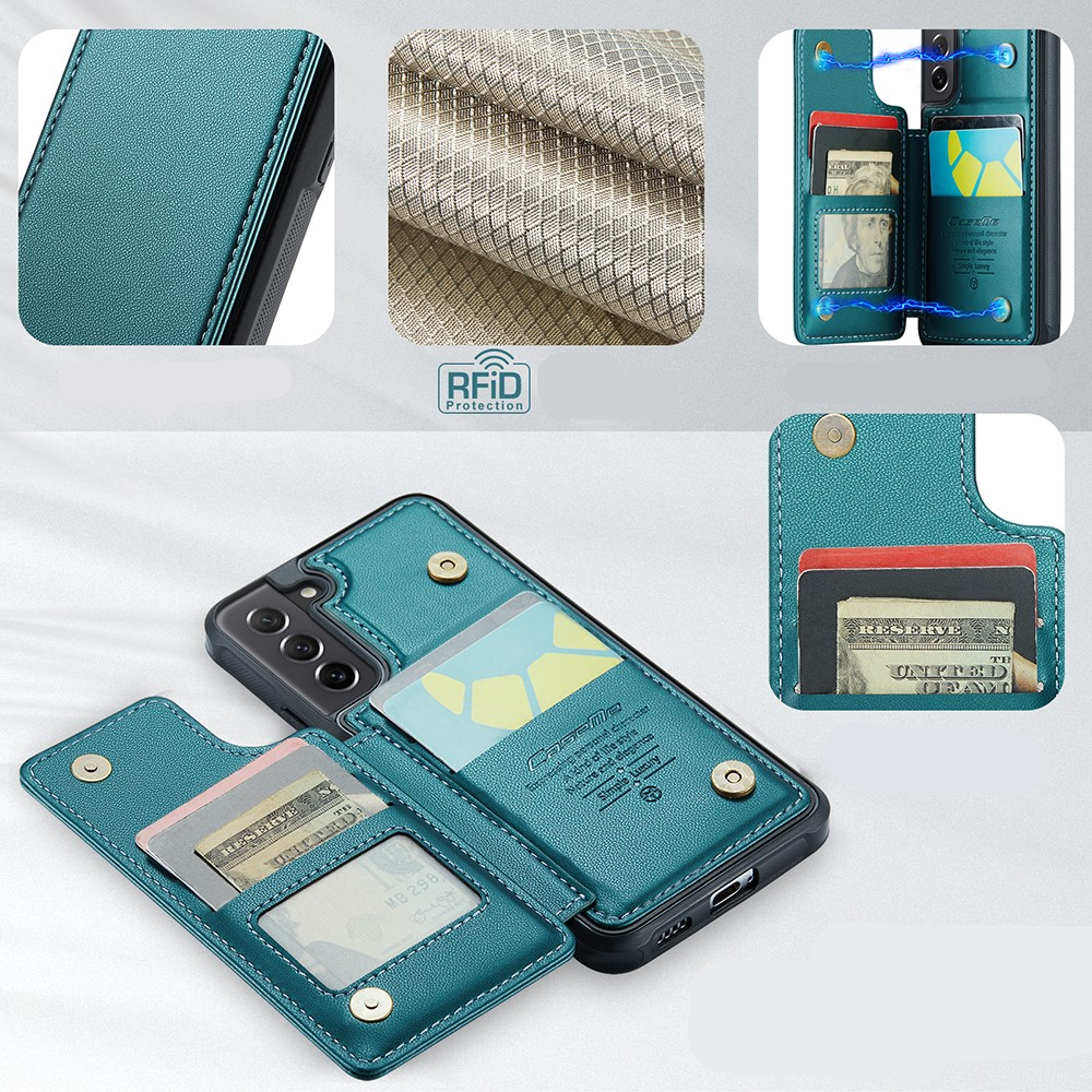 Samsung Galaxy S21 FE 5G Leder Hülle mit Kartenfächern im Litchi Look   Kickstand (RFID Schutz) - Grün