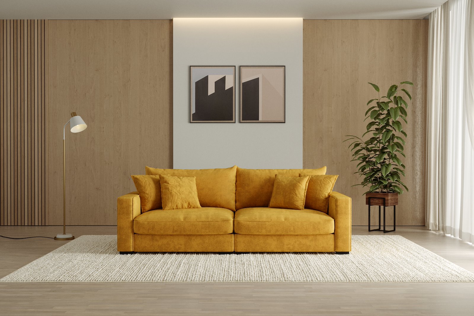 Rossi Lux 3-seter sofa Tekstil Genesis 10 Golden Yellow, arm B med sorte ben. Lux Komfort.