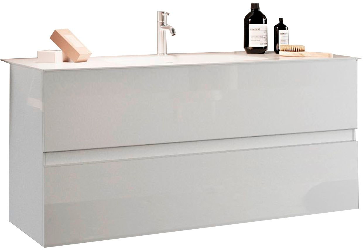welltime Waschtisch »Start, Breite 80 cm, 2 bzw. 3 Schubkästen« Badmöbel, Soft-Close, Keramik-Einsatzbecken, Weiss Hochglanz Lack