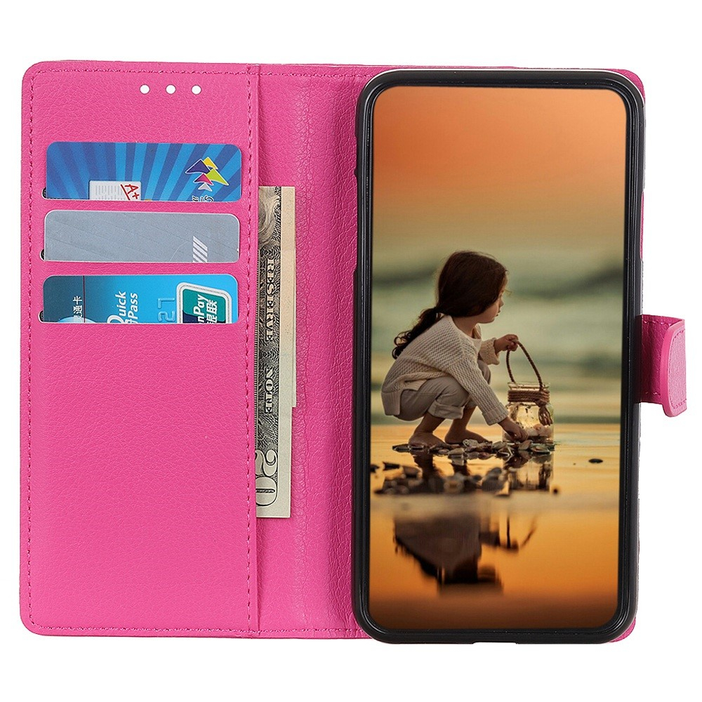 iPhone 16 Leder Tasche Flip Cover Litchi Look - Pink