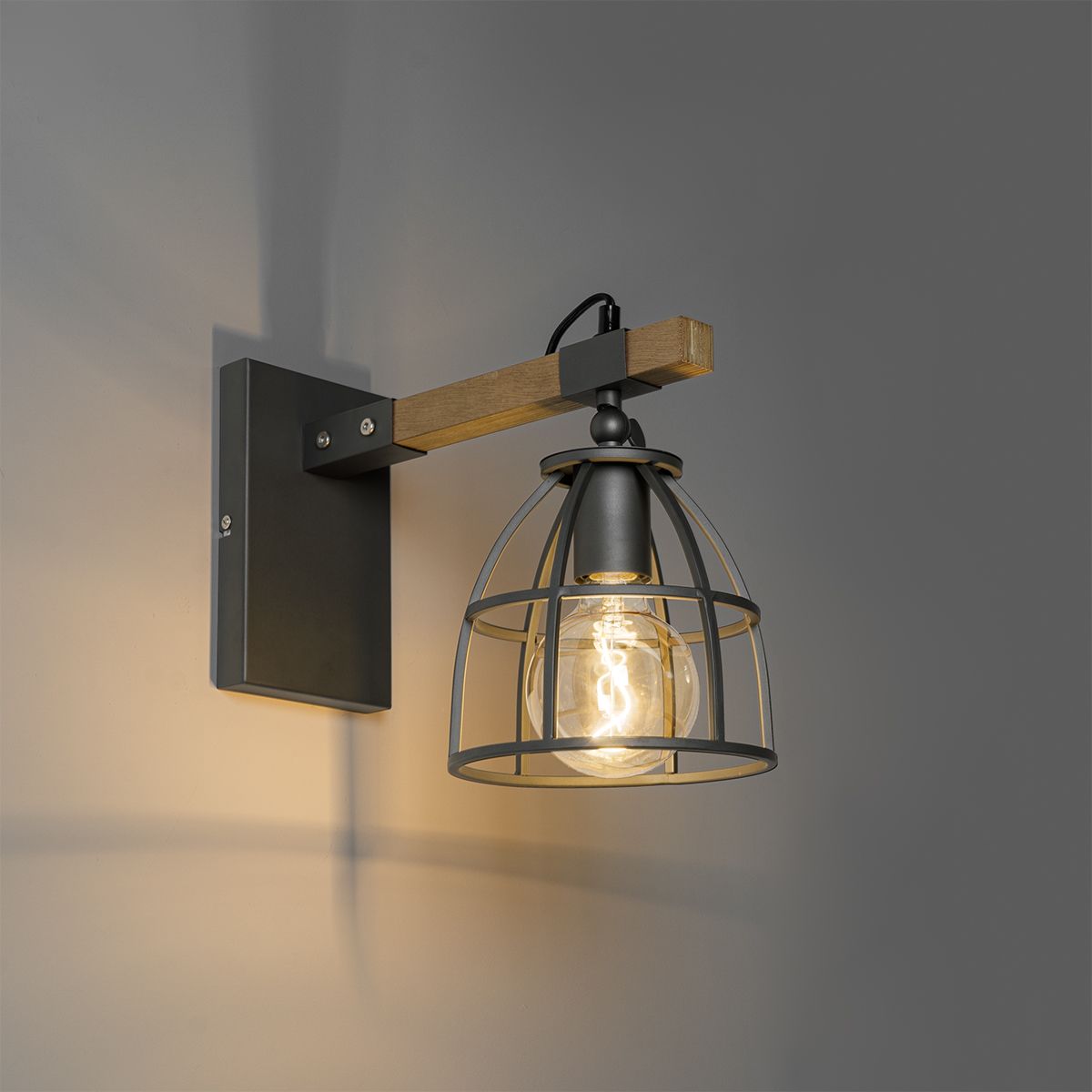 Industriële wandlamp donkergrijs met hout verstelbaar - Arthur