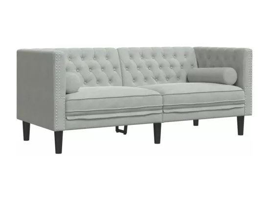 Canapé Chesterfield avec traversins 2 places gris clair velours