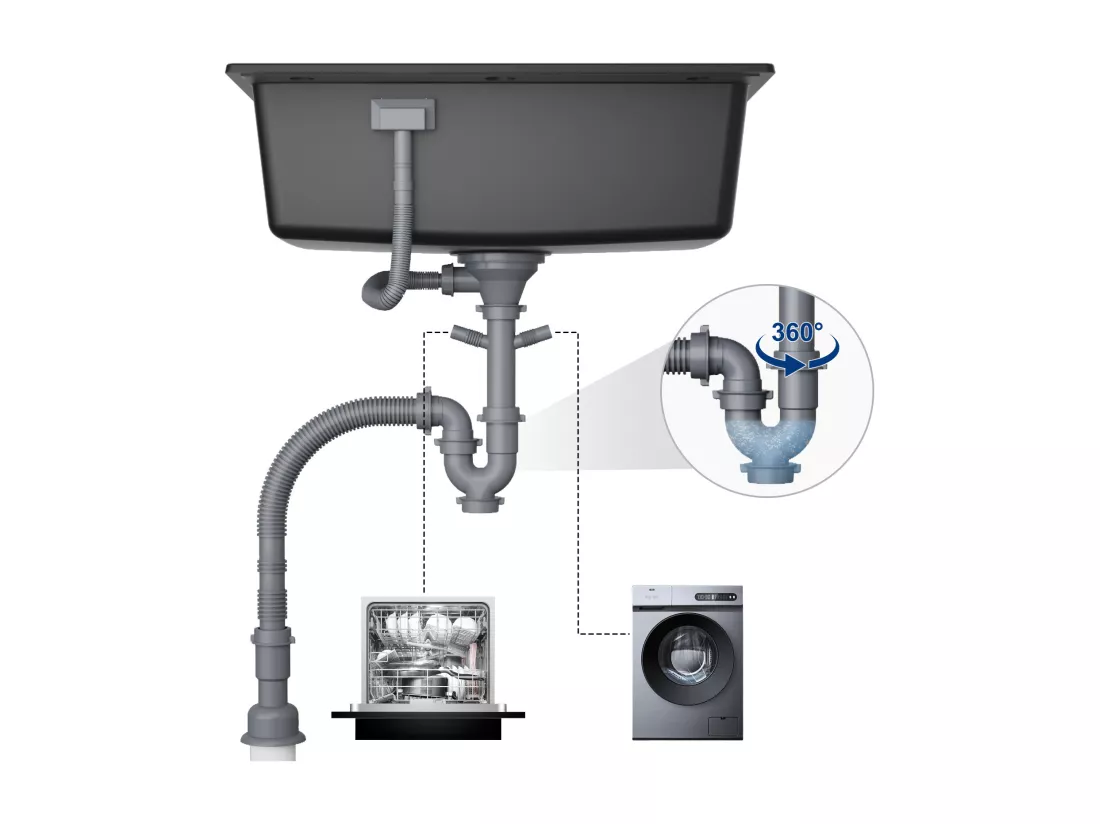 Noir Evier en Quartz et Résine avec Panier de Vidange et Distributeur de Savon 60*45*20cm + Mitigeur Cuisine pour Sstème D'osmose
