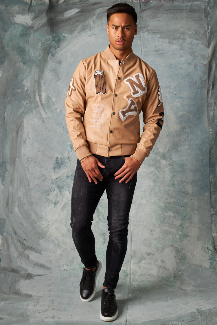 Bomber en simili cuir beige foncé brodée 