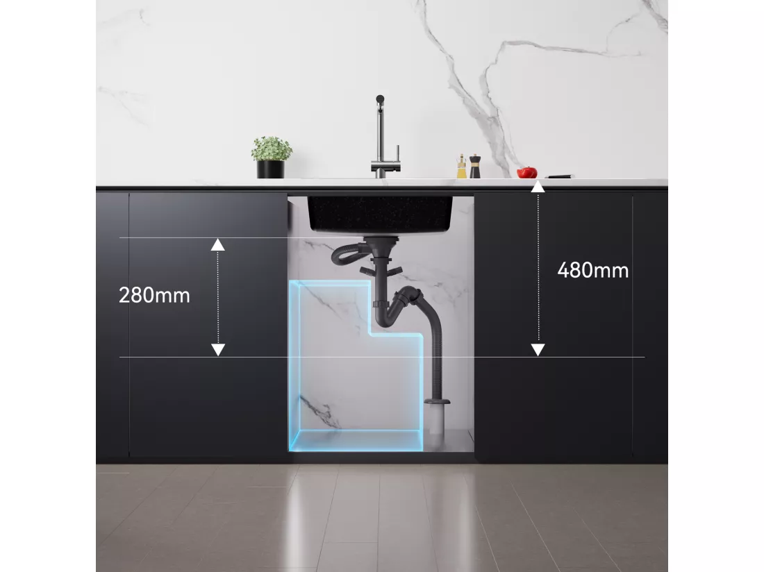 Évier Cuisine 1 Bac,en Granit,55*45*20cm,Kit de Vidage,Évier Cuisine Encastré,Trous de Montage pour Robinet/Distributeur Savon,Noir,EU Modèle