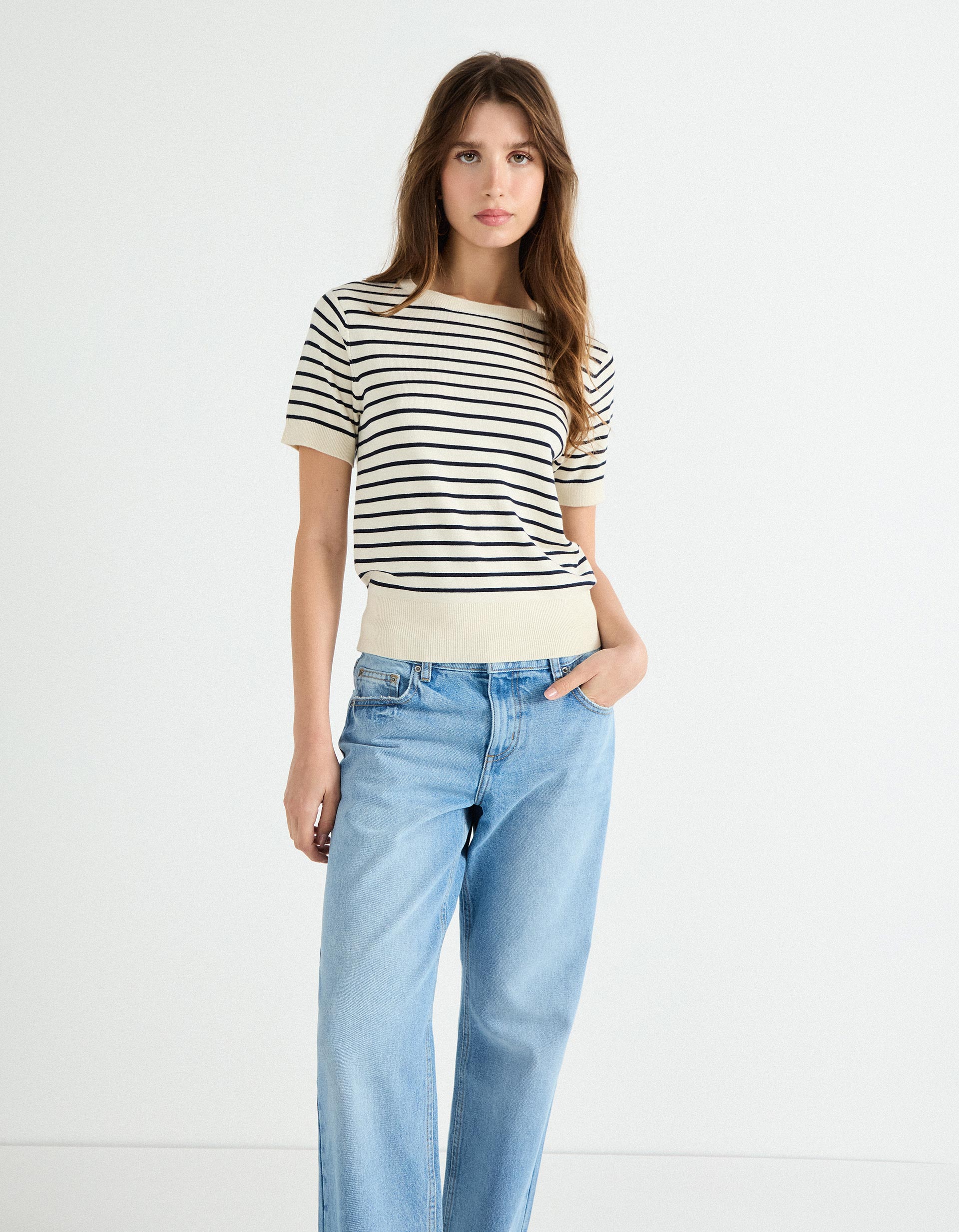 Camisola de Malha às Riscas, Mulher, Bege