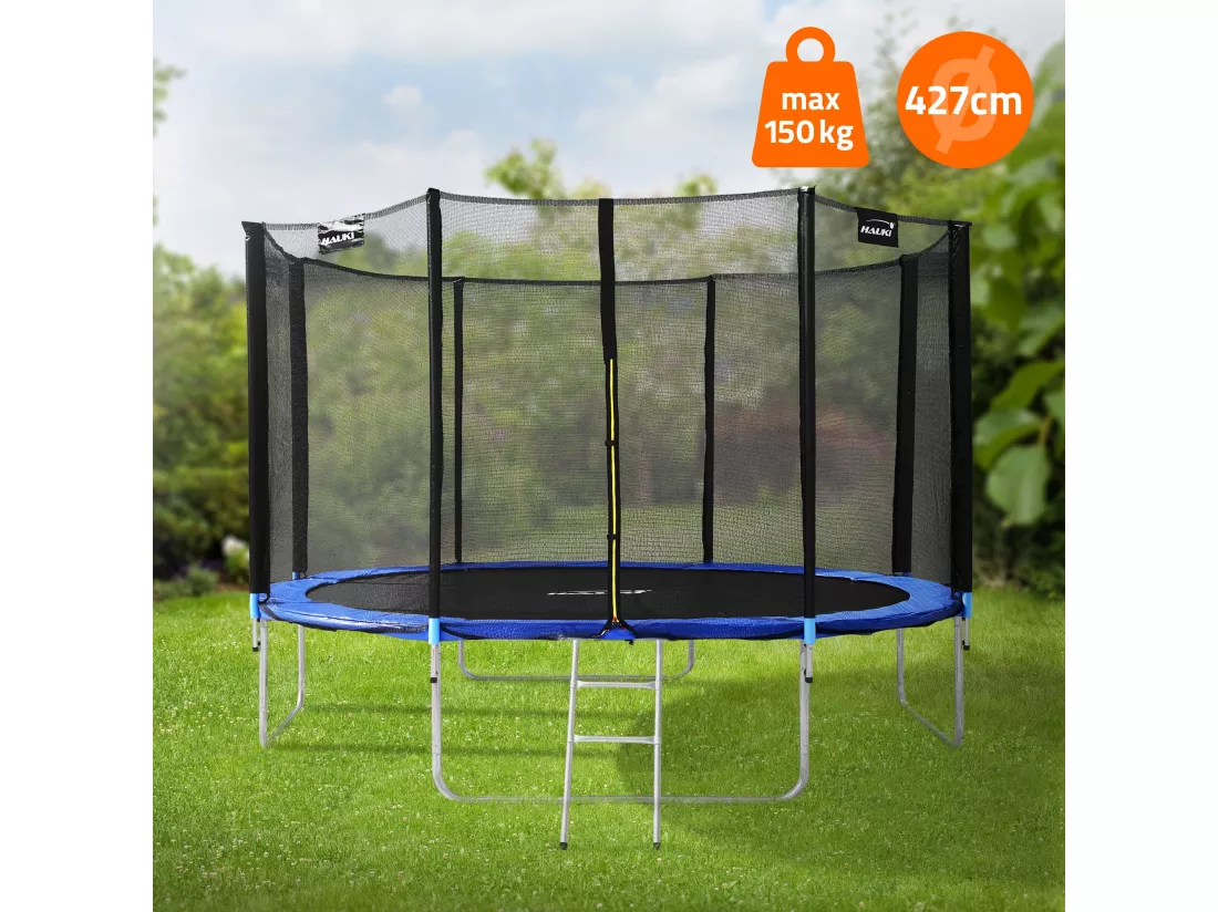Hauki Trampoline Outdoor, Ø427 cm, bleu, certifié GS, trampoline de jardin rond pour enfants jusqu'à 150 kg, set complet avec filet de sécurité, échelle, couverture des bords, barres rembourrées, trampoline stable pour enfants