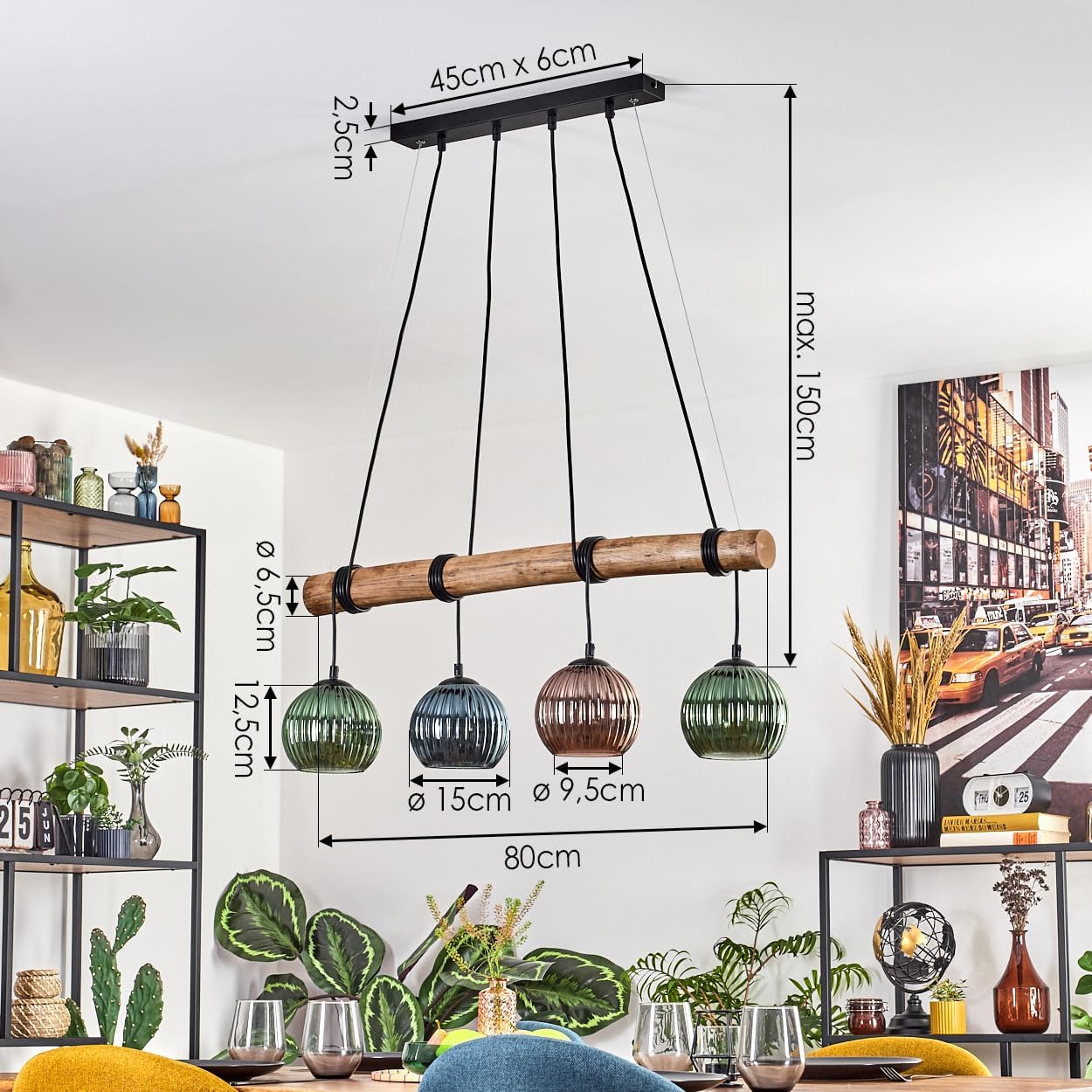 HOFSTEIN Pendelleuchte Koyoto, 4-flammige Hängelampe aus Metall/Holz/Glas in Schwarz/Natur/Bernstein/Grün/Blau, Hängeleuchte m. Glasschirmen, Holzbalken, max. 150cm, E27, Esszimmer, Wohnzimmer, Küche