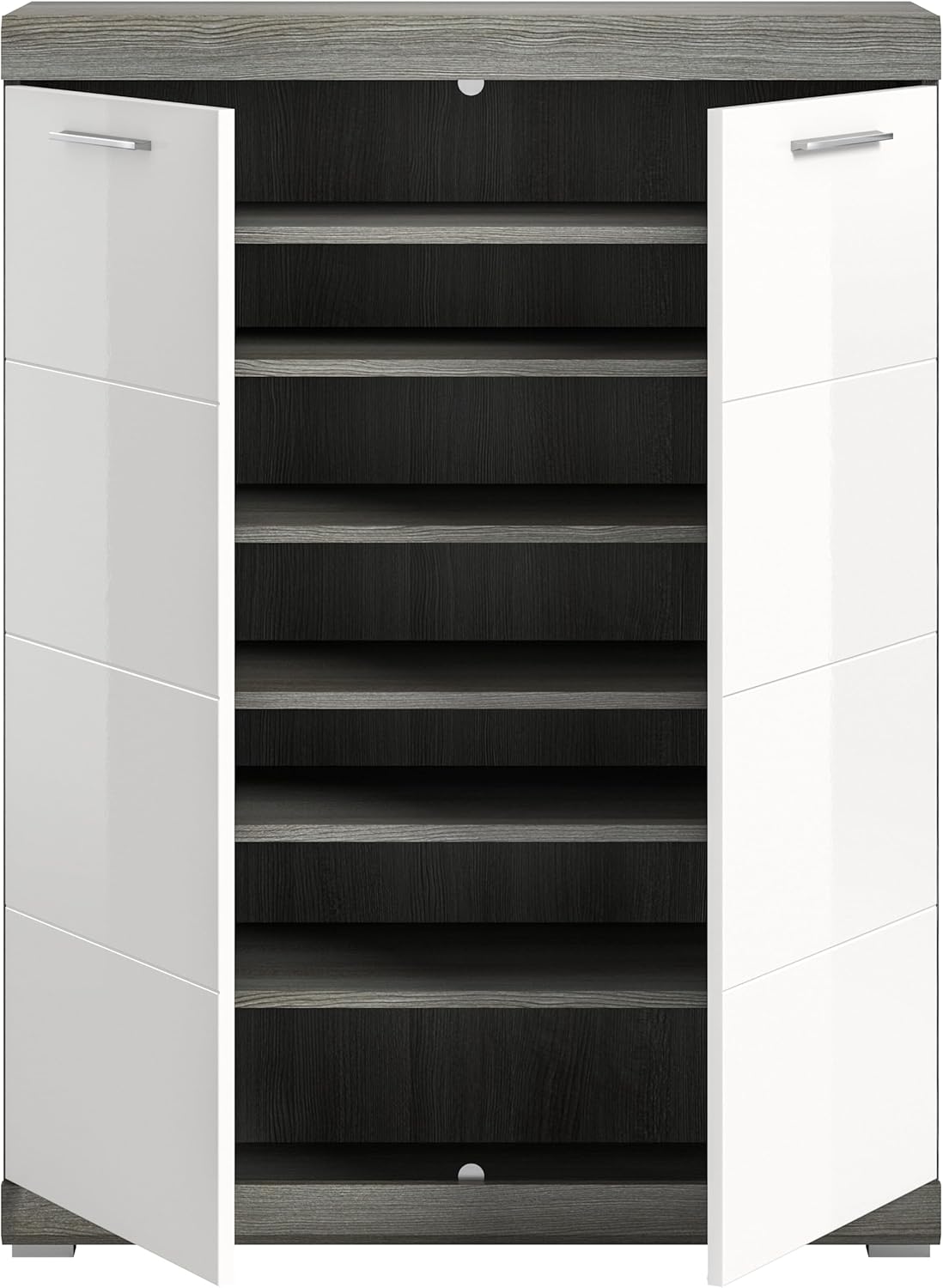 xonox.home Garderobe Scout Schuhkommode Schuhschrank Kommode Highboard Stauraumschrank in Front weiß Hochglanz Korpus rauchsilber Nb., .ca.90x120x37 cm