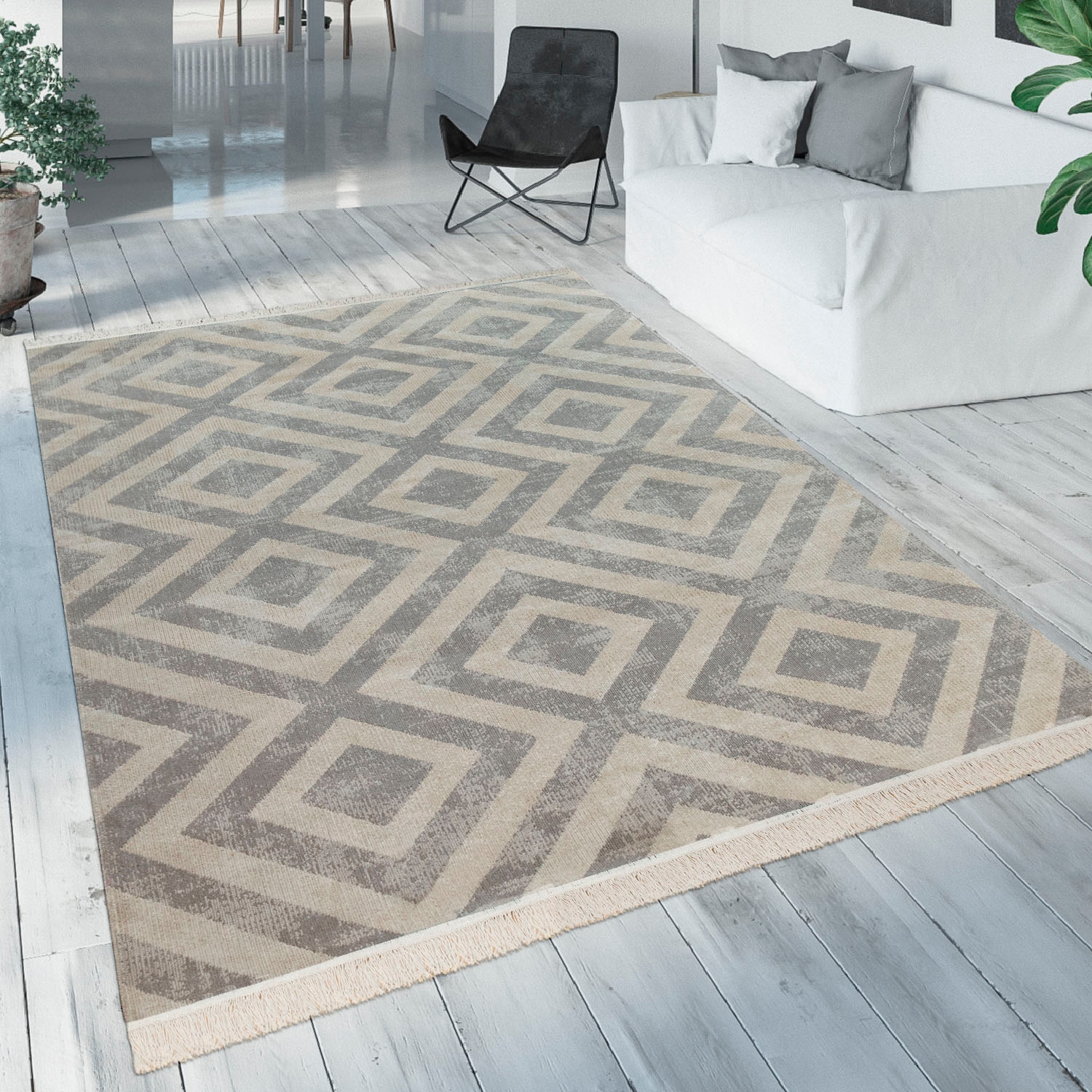 Paco Home Teppich »Poco 821« rechteckig 6 mm Höhe Kurzflor, Rauten Design, mit Fransen, In- und Outdoor geeignet