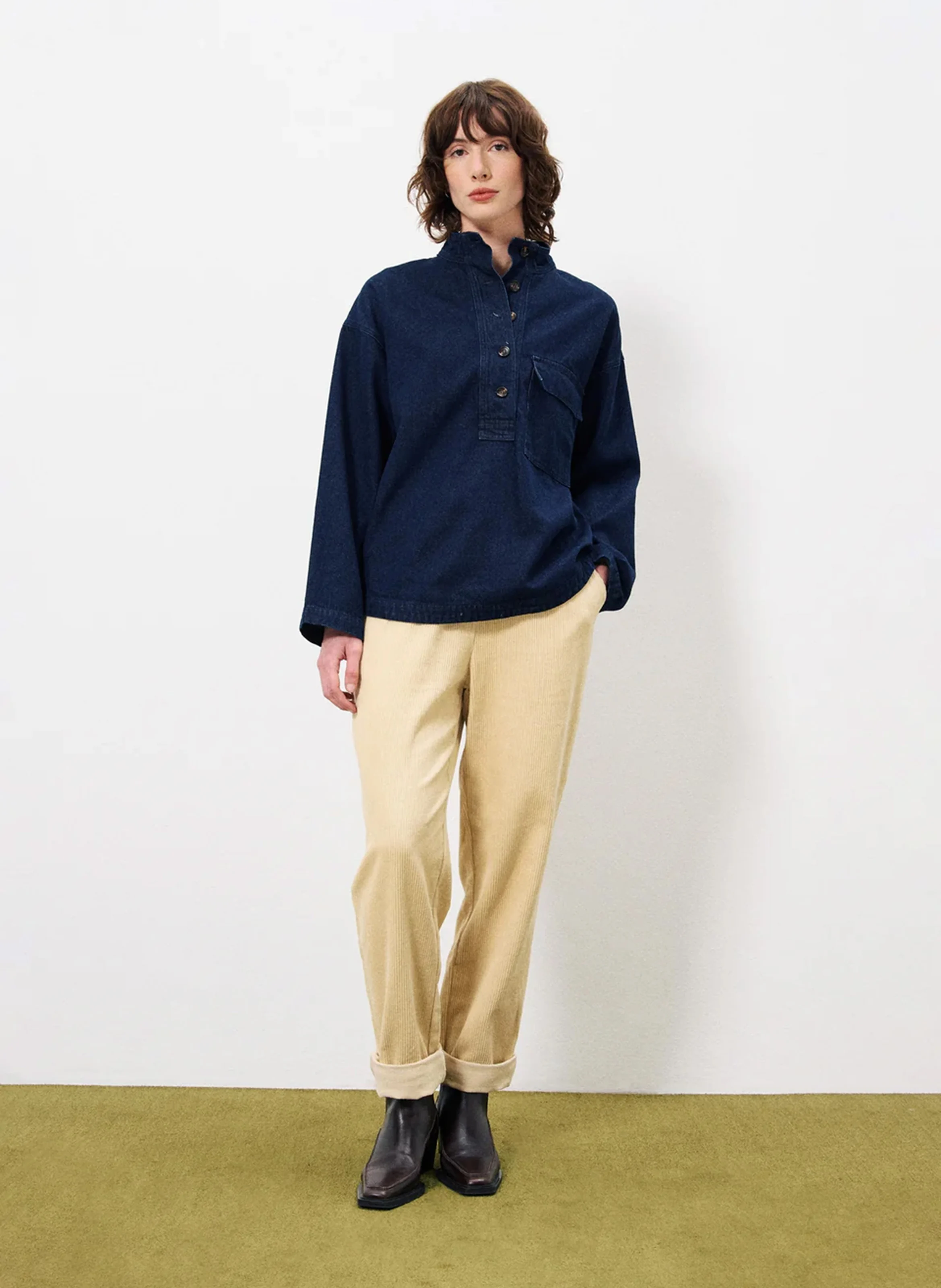 SOLAINE - Top col montant en denim de coton | Bleu