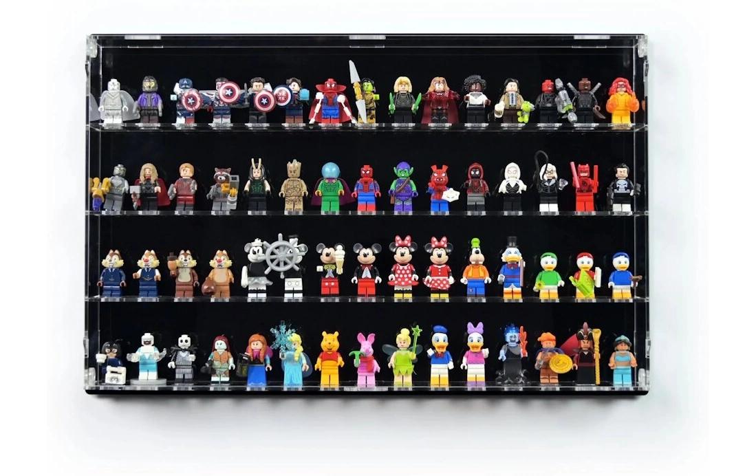 Baukasten Acryl-Wand-Display für 60 LEGO-Minifiguren<br>Acry-Display-Box mit schwarzem Hintergrund