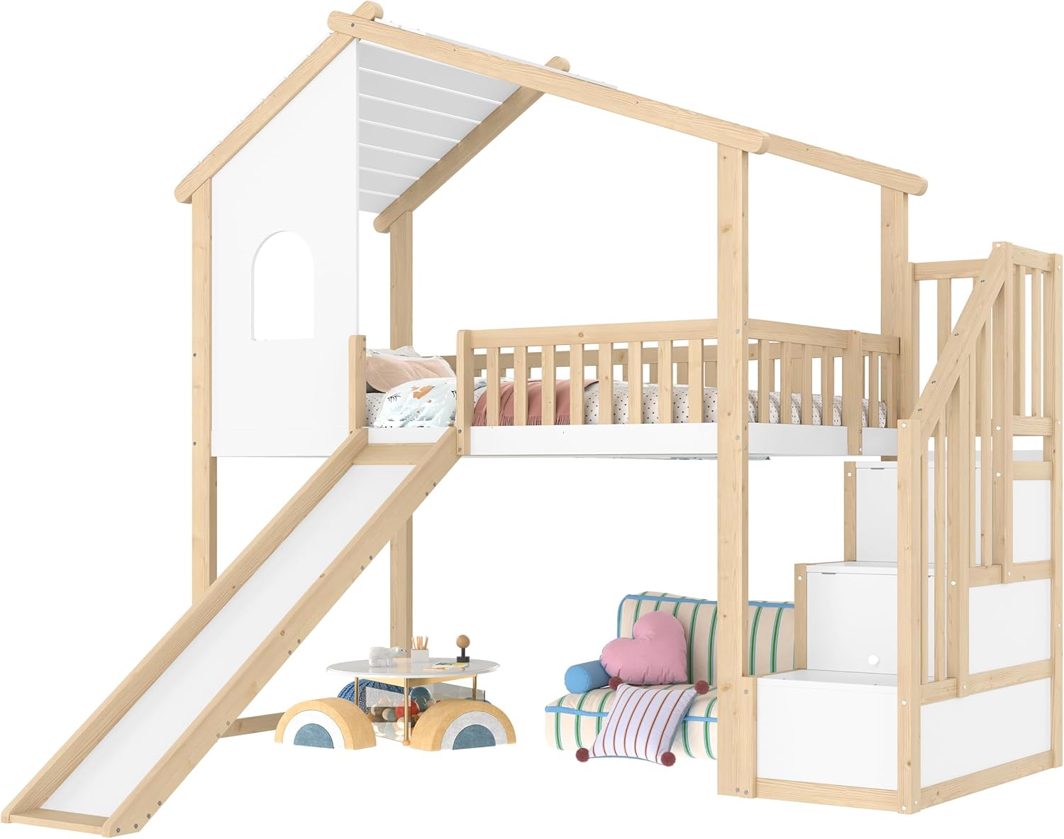 Merax Kinderbett 90x200 Hausbett Hochbett mit Rutsche, Dach&Fenster&Bettgitter, Treppe mit 2 Ablagefächern, Bett mit Lattenrost & Rausfallschutz, Ohne Matratze, Weiß+Natur