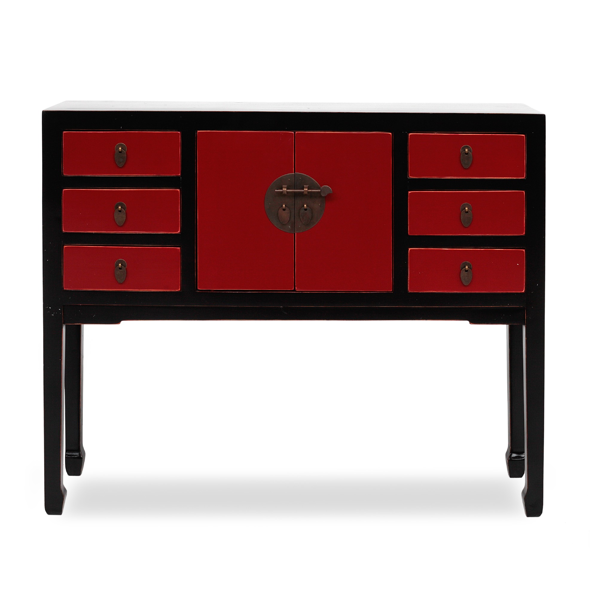 Anrichte ‚Long Wei‘, 2 Türen, 6 Schubladen, schwarz, rot, B 100 cm, H 82 cm, L 28 cm von fischer's lagerhaus