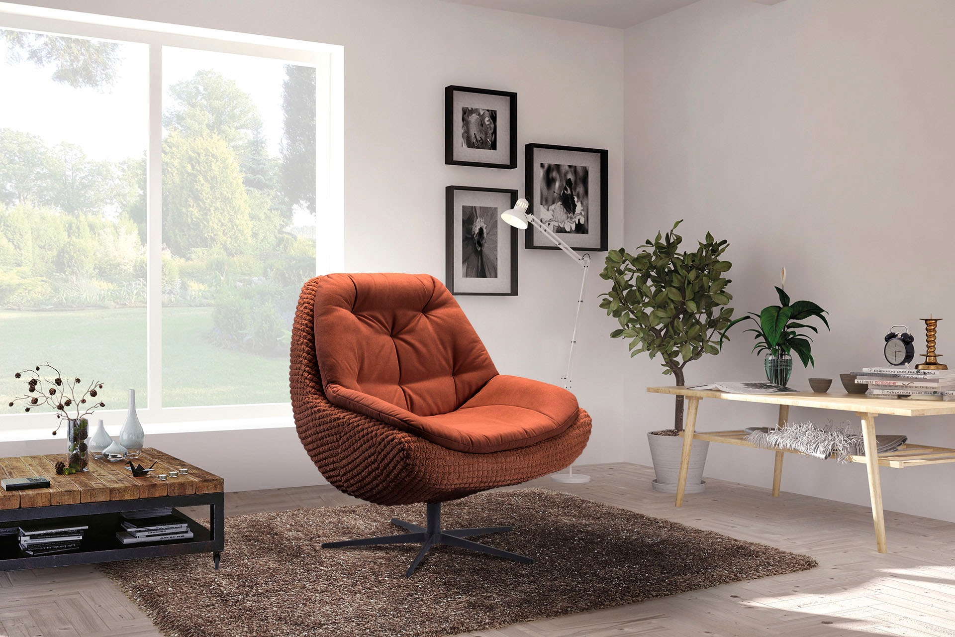 exxpo - sofa fashion Drehsessel »Dim, Loungesessel im Materialmix, Design und Komfort, Solitärmöbel« Drehsessel bequem gepolstert mit elegantem Metall-Sternfuss
