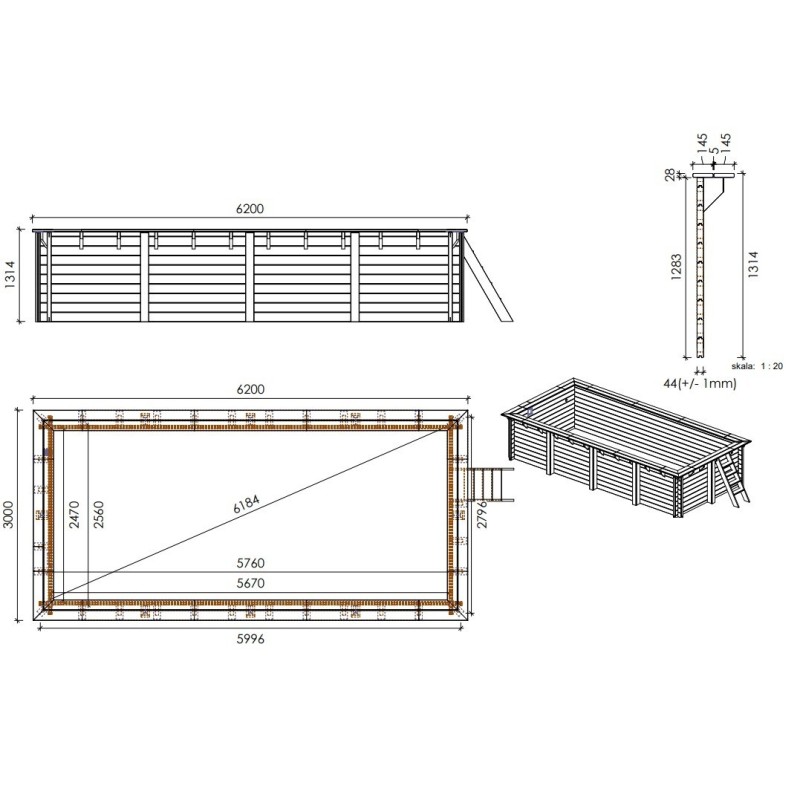 Piscine de jardin en bois - 6,20x3 x h.1,31 m - rectangulaire - coffre de filtration compris