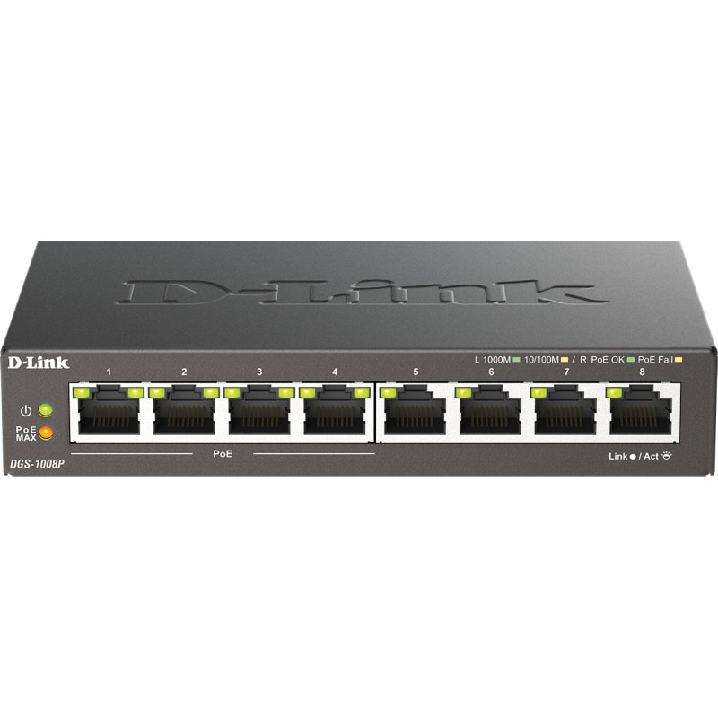 D-Link DGS-1008P/E commutateur réseau Non-géré L2 Gigabit Ethernet (10/100/1000) Connexion Ethernet, supportant l'alimentation via ce port (PoE) Bureau Noir