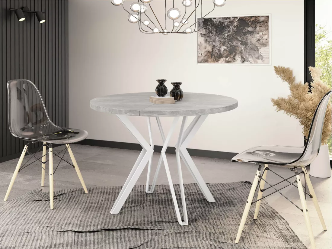 Table Ronde Salle à Manger - 100/176 Cm De Diamètre - Table à Rallonges Avec Pieds En Métal Blanc - Style Industriel - Compacte - Gris Béton