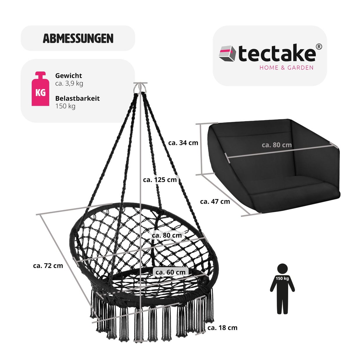 tectake Grazia hangstoel met zit- en rugkussens 80 x 72 x 125 cm